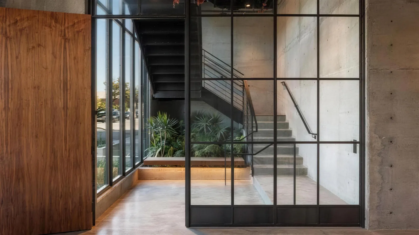 A steel and glass office entry with a stair behind it